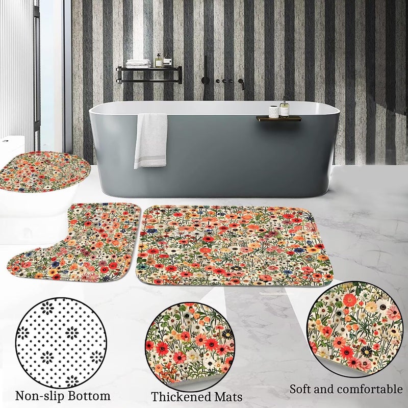 DDQQ 4Pcs Floral Shower Curtain Set Spring Flower Bathroom Sets, Oil Painting Flower Home Bathroom Decor Shower Curtains with Rugs and Toilet Lid Cover - Image 5